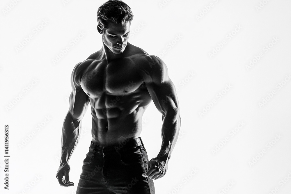 Muscular man posing shirtless in jeans against white background a black and white image Muscular man posing shirtless in jeans against white background a black and white image