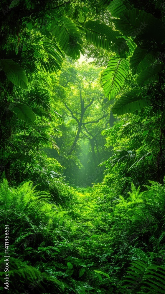 Obraz premium Lush Green Rainforest Interior Reveals Natural Light and Vegetation