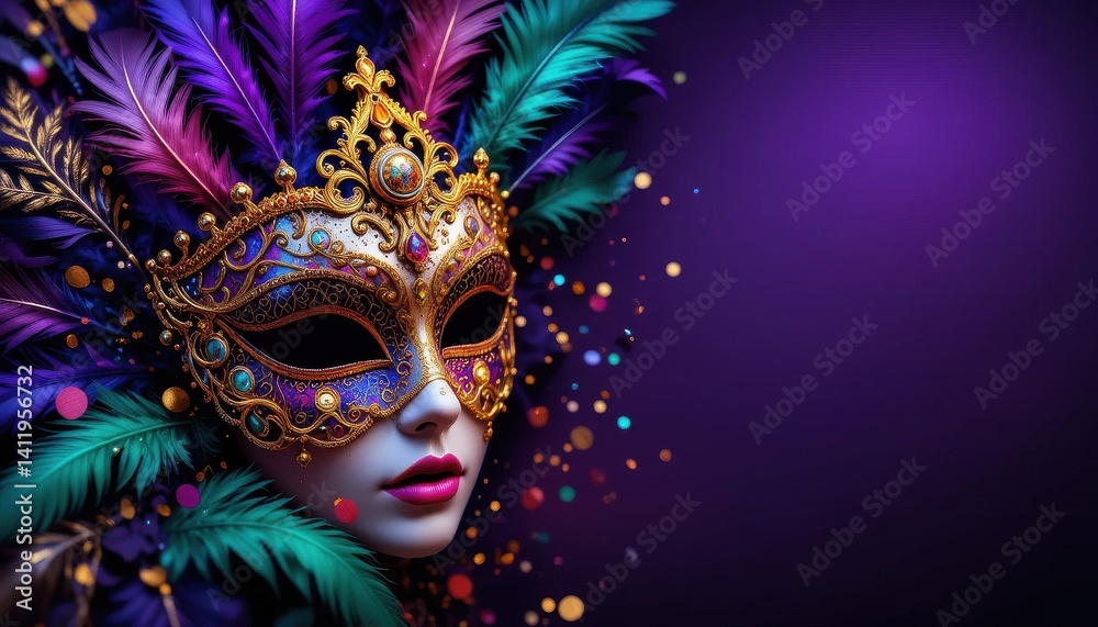 A face wearing an ornate eye covering with feathers and decorative accents. A face wearing an ornate eye covering with feathers and decorative accents.
