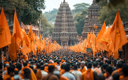 Temple Procession: Saffron Flags and Majestic Architecture
