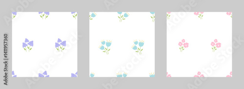 Seamless floral patterns set. Pretty liberty ditsy print. Botanical design.  Tiny hand drawn flowers, bouquets, pastel color background. Summer simple floral seamless backgrounds. Vector illustration