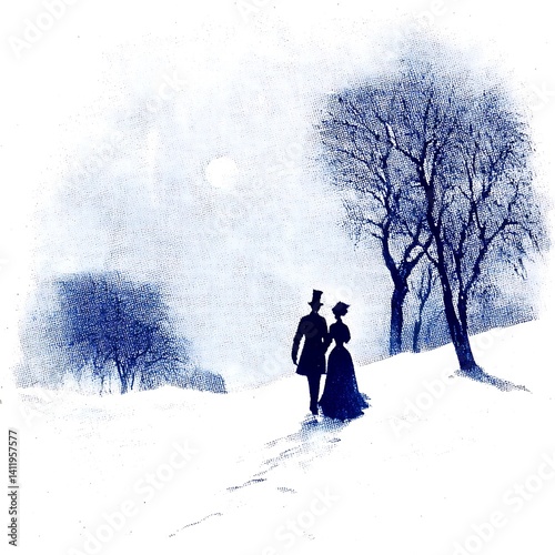Obraz na płótnie Romantic Couple Silhouetted Against a Winter Moonlit Landscape. A nostalgic illustration of a man and woman walking in the snow under a winter moon. w salonie