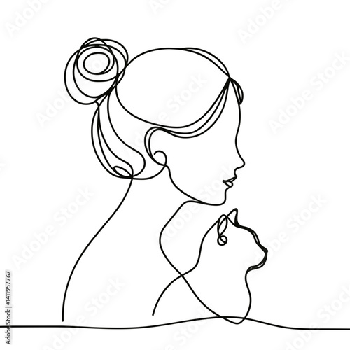 Woman and cat embracing in minimalist line art design  