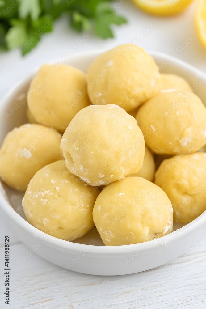 Closeup of Delicious Lemon Dough Balls in Bowl Closeup of Delicious Lemon Dough Balls in Bowl
