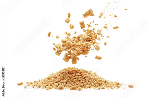 Crunchy biscuit crumbs falling onto a pile isolated on white background