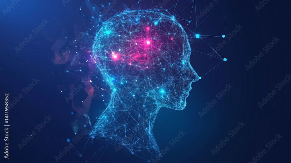 Abstract digital human head profile network connections blue pink mind data mesh brain nodes lines Abstract digital human head profile network connections blue pink mind data mesh brain nodes lines