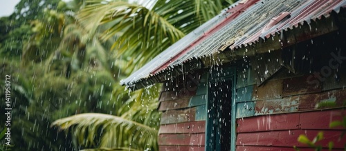 Tropical Downpour: A Weathered Hut Amidst Lush Rainforests during Rainy Season