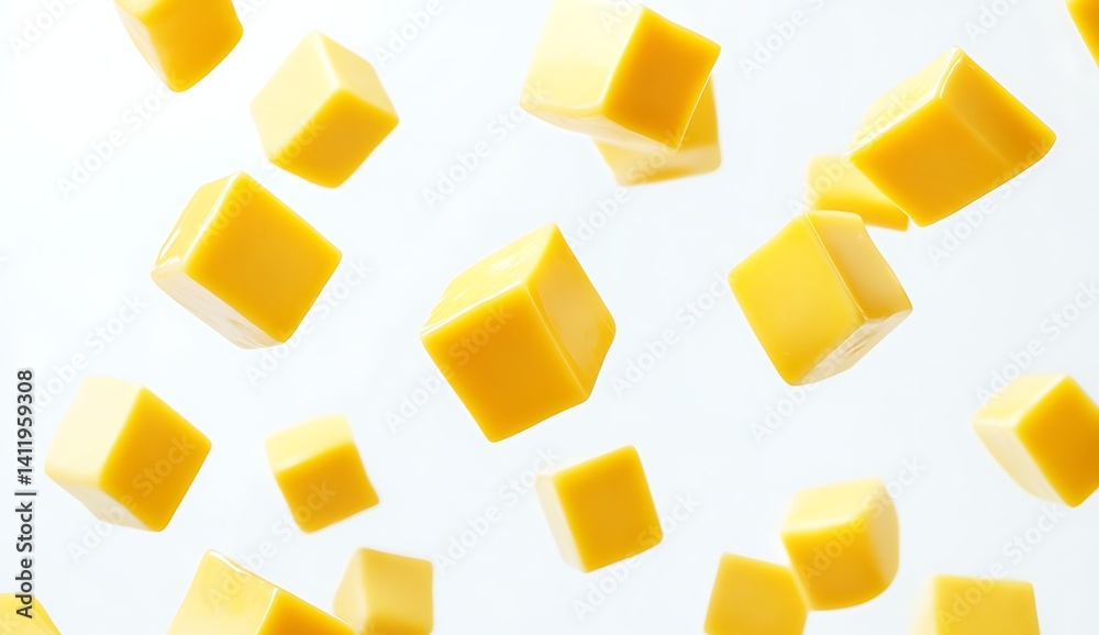 cheese cubes floating in the air, isolated on a white background cheese cubes floating in the air, isolated on a white background