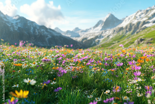 Vibrant wildflowers bloom in a sunny alpine meadow majestic snowcapped mountains form a stunning backdrop a breathtaking natural scene photo