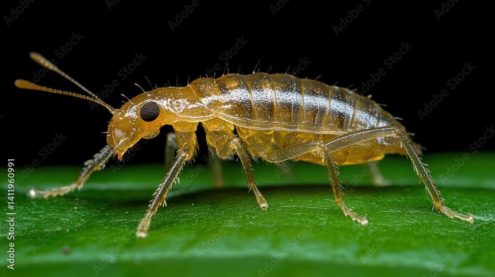 Detailed Close-up of a Tiny, Amber Insect on a Leaf Detailed Close-up of a Tiny, Amber Insect on a Leaf