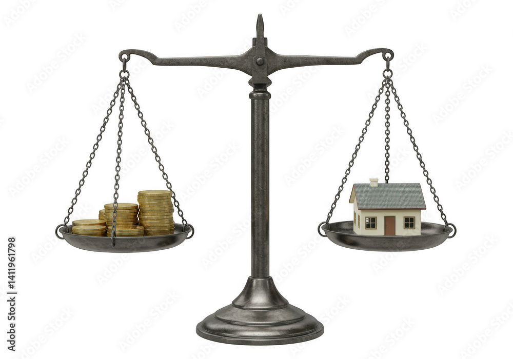House versus money on a balanced scale isolated House versus money on a balanced scale isolated