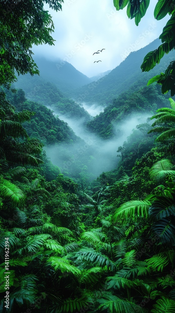 Lush green mountains in a jungle with birds in the sky Lush green mountains in a jungle with birds in the sky