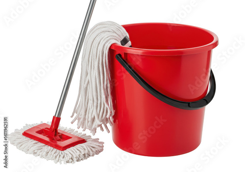 A red bucket and a mop