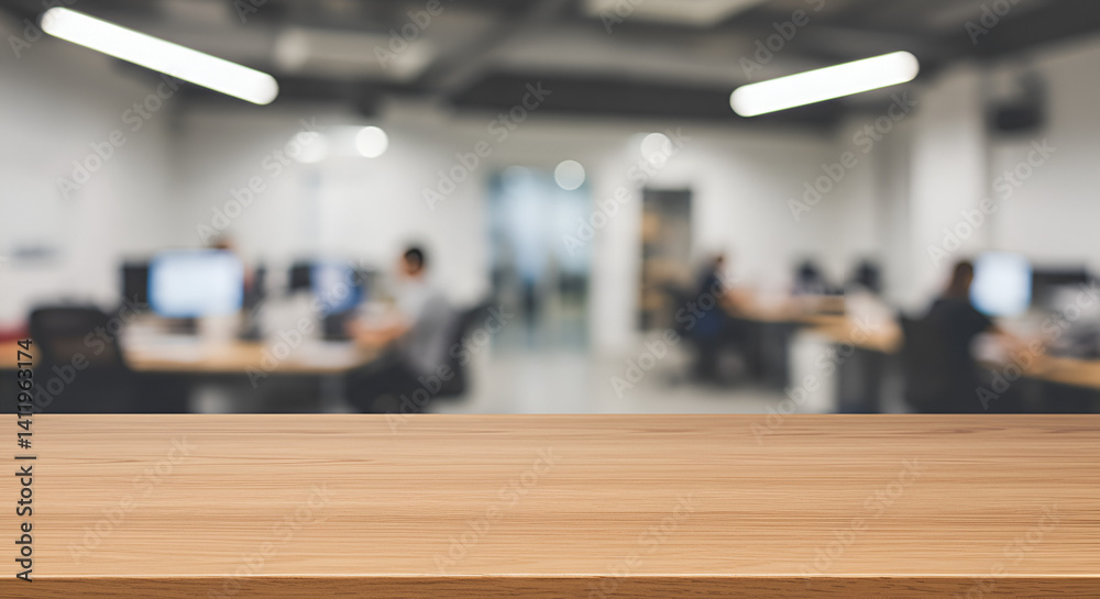 Obraz premium Empty Wood table with blurred office room background, brown, blank, decoration, counter, product, nobody, top,Generated Ai