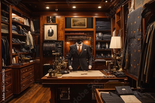 A bespoke tailor workshop lined with vintage sewing machines, fine fabrics, and custom suits. The rich wood tones, soft lighting, and meticulous craftsmanship showcase the art of sartorial excelle