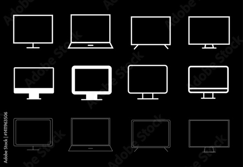 Devices icon set. Gadgets, linear icons. Smartphone, wireless headphones, speaker, smart bracelet, charging station, etc. Line with editable stroke