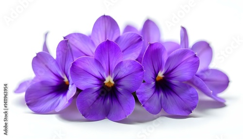A cluster of beautiful purple violets, showcasing their delicate petals on a white backdrop.