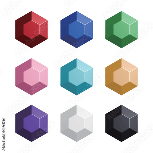 六角形にカットされたカラフルな宝石のアイコンセット 背景が透過されたベクターイラスト Set of colorful gemstone icons cut in hexagonal shapes