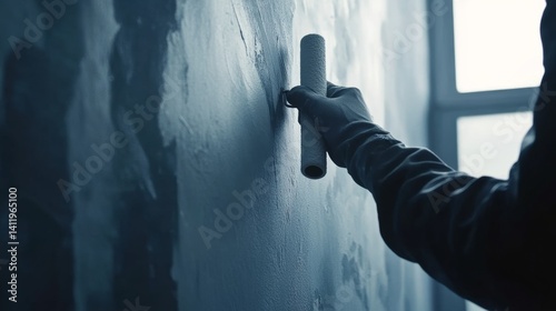 A painter applying a second coat of paint to a wall. Featuring skill and focus
