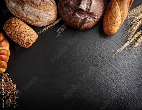 Top view of various breads on black slate stone background with copy space. Generated image