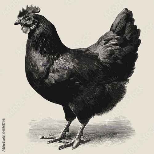 Graphical drawn chicken hen. Hand-drawn retro picture with a poultry in an engraving style. Can be used for menu restaurants, for packaging in markets and shops
