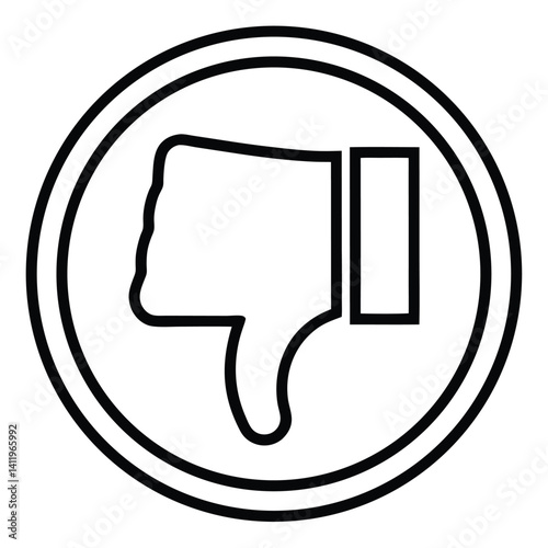 A simple black outline illustration of a thumbs-down gesture, enclosed in a concentric circle. The thumb is positioned downward, conveying disapproval or negativity. The design is minimalist