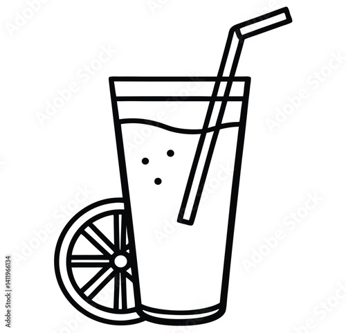 A stylized outline of a glass filled with a beverage, featuring a straw and bubbles to indicate carbonation. Accompanying the glass is a slice of lemon resting on its side, adding a fresh element
