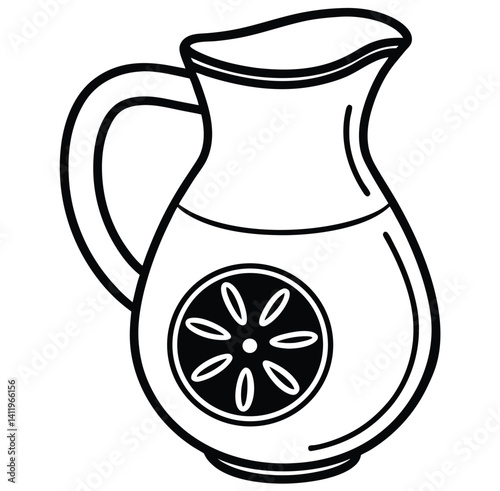 A black-and-white illustration of a glass pitcher with a curved handle. The pitcher has a decorative circular design featuring a sliced lemon or citrus fruit on its front. The spout is slightly tilted