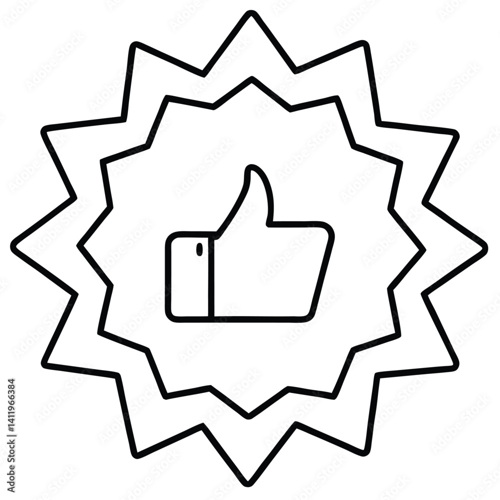 A simple black outline illustration of a thumbs-up icon inside a starburst shape. The thumbs-up symbolizes approval or positivity, while the starburst adds emphasis, suggesting a standout A simple black outline illustration of a thumbs-up icon inside a starburst shape. The thumbs-up symbolizes approval or positivity, while the starburst adds emphasis, suggesting a standout