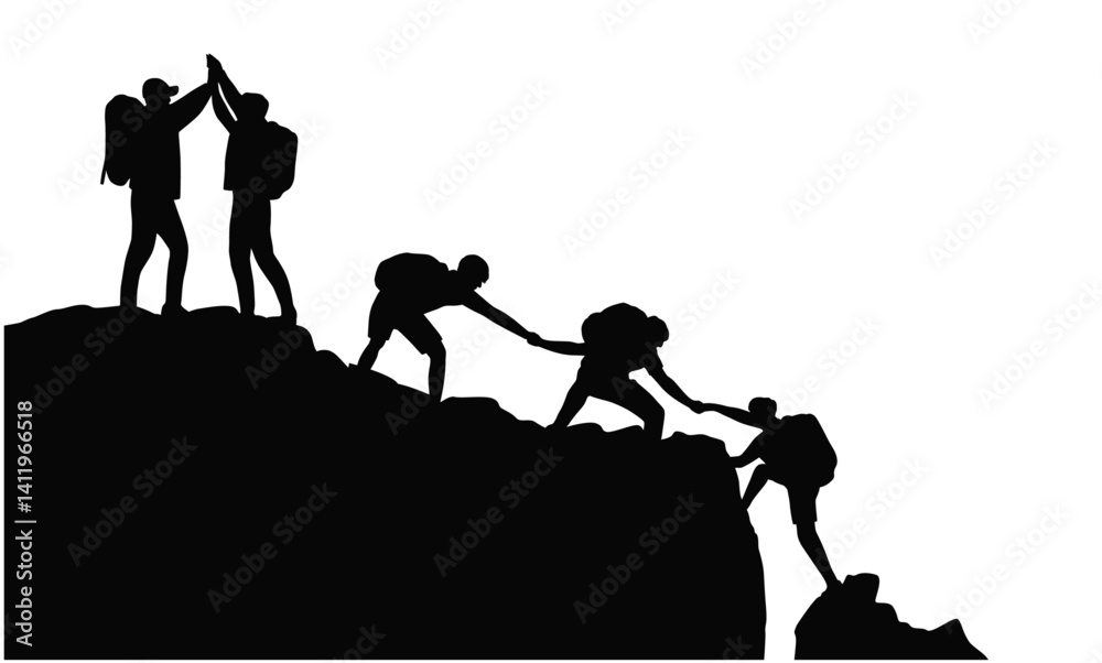Silhouette of Climbers Mutual Assistance, Group Team People Helping Work, Climb Mountain, Teamwork friendship hiking help each other trust assistance silhouette