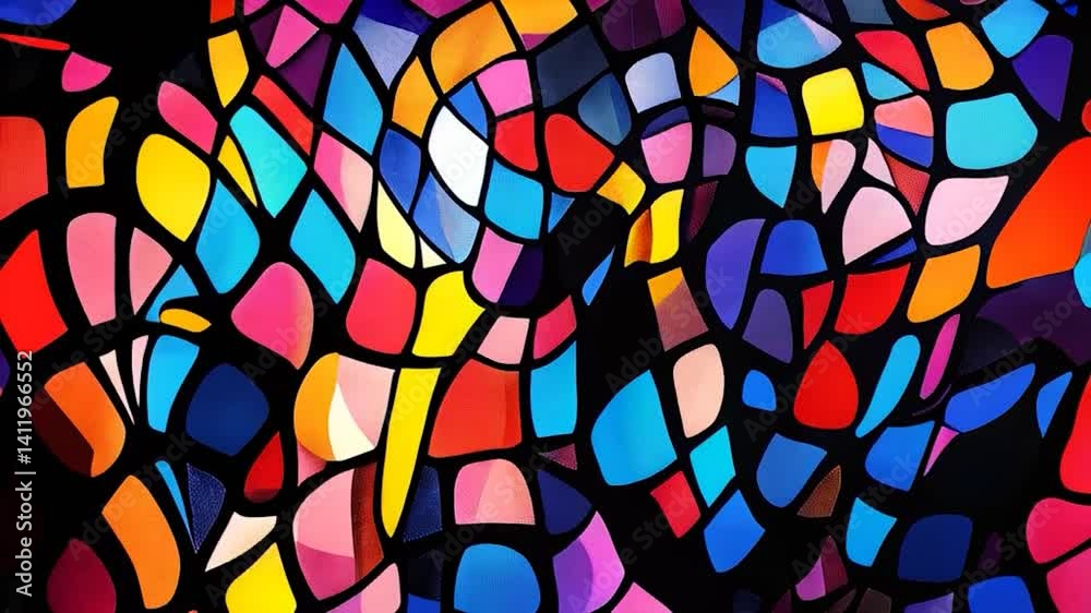 a vibrant abstract pattern resembling stained glass, with irregular colorful shapes outlined in black