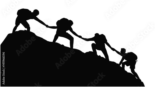 People helping and team work concept, Group of people on peak mountain climbing helping team work