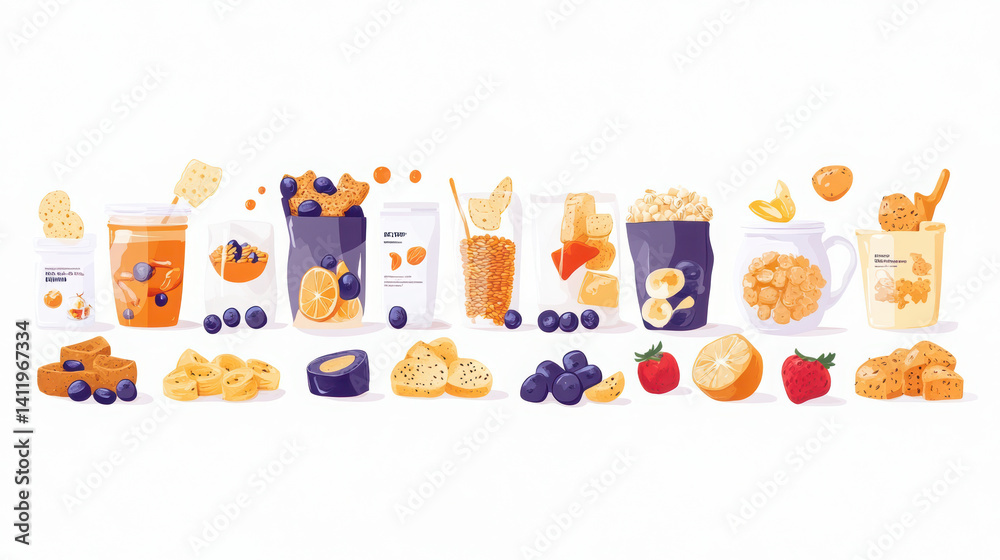 Fototapeta premium Healthy snack assortment featuring colorful fruits, nuts, and various snack items arranged in visually appealing manner. This vibrant display promotes nutritious eating and balanced diet