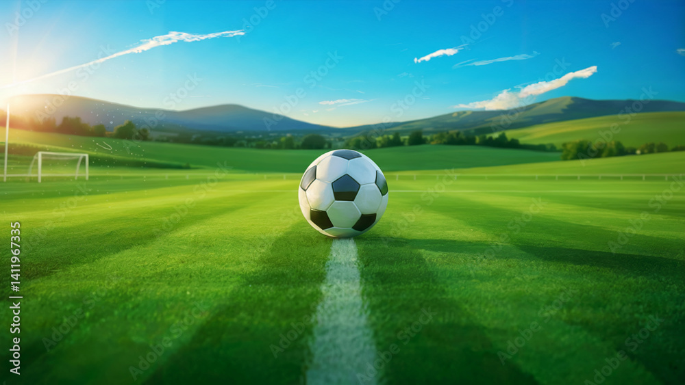 Naklejka premium Soccer Ball on Green Field at Sunset