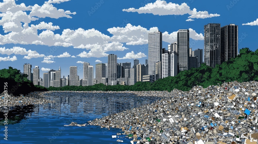 Naklejka premium Urban pollution, a polluted river, and a city skyline.