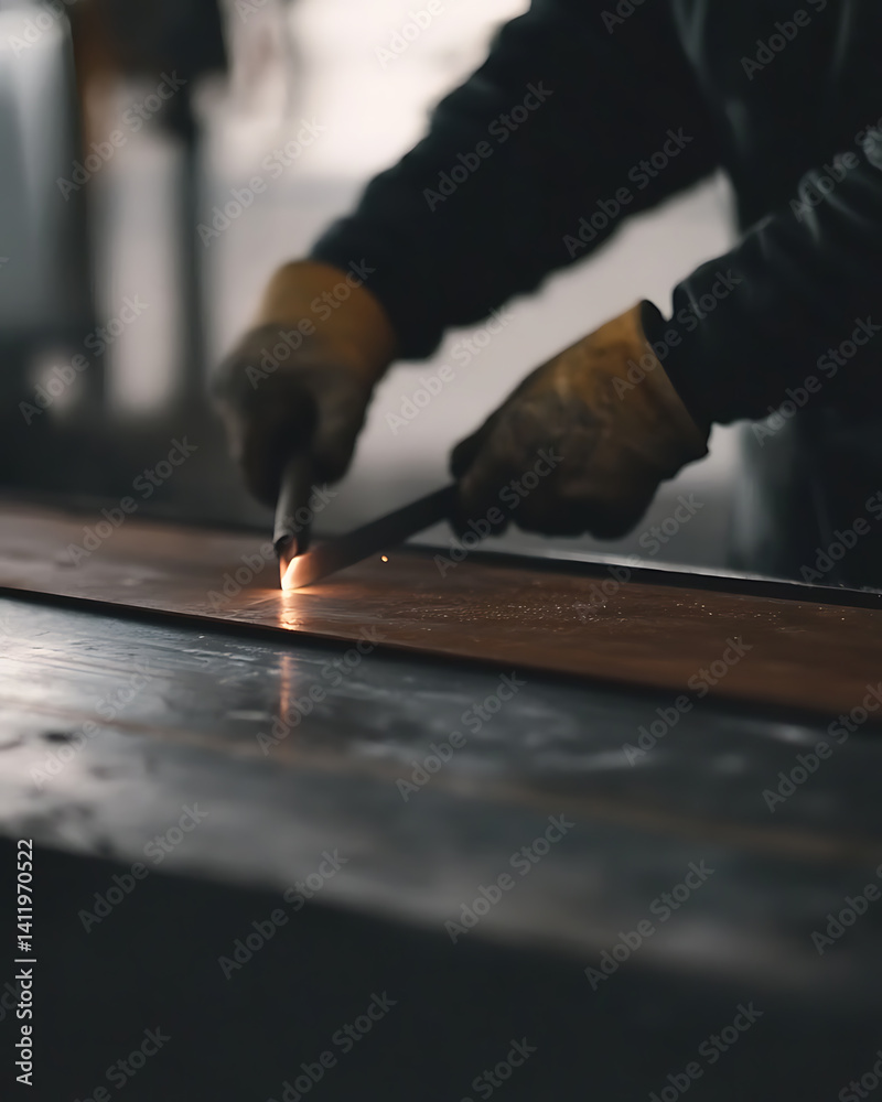 Obraz premium Welder cutting metal sheets with a cutting torch on site. Featuring industrial work and precision