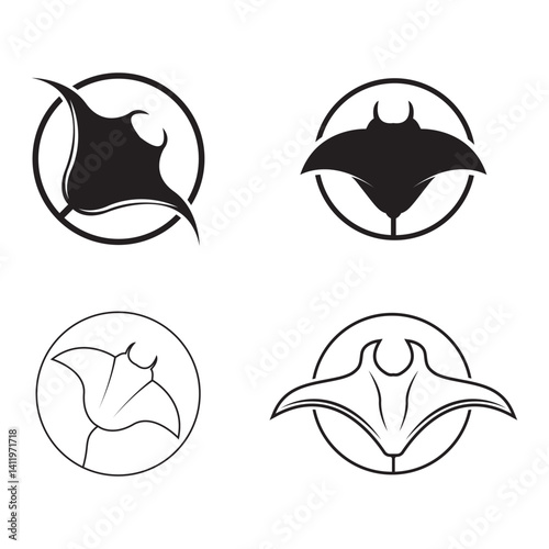 Silhouette of Tropical Black Manta Ray Fish Sea Life logo design