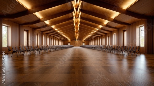 Empty wooden hall, rows of chairs, bright interior, sunlight