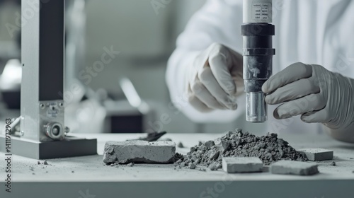 Construction materials tester analyzing concrete samples in a lab. Featuring precision and structural assessment