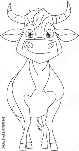 Cartoon wildebeest outlined, standing upright, radiating charm and calm, ready for coloring pages, digital stickers, educational materials.