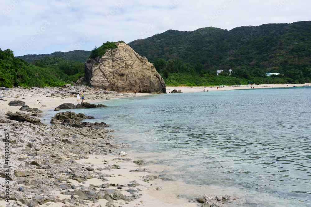 Kerama Islands near Okinawa, Japan: Aerial view of the Aharen, Tokashiki beach in the tropical islands in Okinawa in the Pacific Ocean..