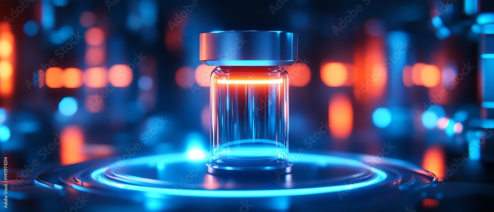 Futuristic glass container illuminated by vibrant lights. Futuristic glass container illuminated by vibrant lights.