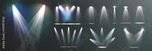 Realistic white and colorful spotlights with beams, reflections, and stage lighting effects on transparent background	