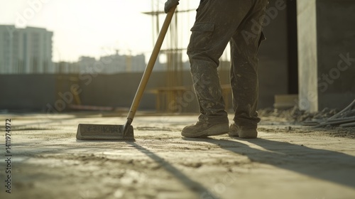 Wallpaper Mural A worker cleaning the construction site at the end of the day. Featuring tidiness and focus Torontodigital.ca
