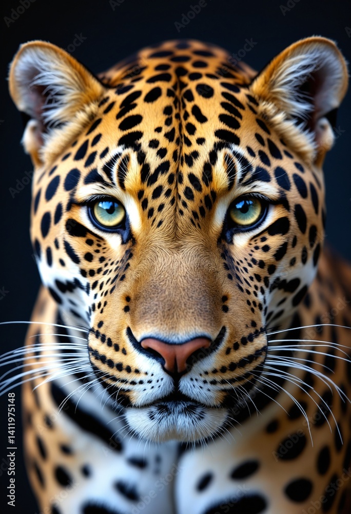 Naklejka premium Close-up Jaguar Portrait Focuses on Striking Eyes and Distinctive Spotted Pattern