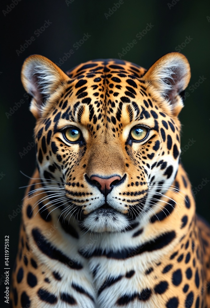 Obraz premium Close-up Jaguar Portrait Focuses on Striking Eyes and Distinctive Spotted Pattern