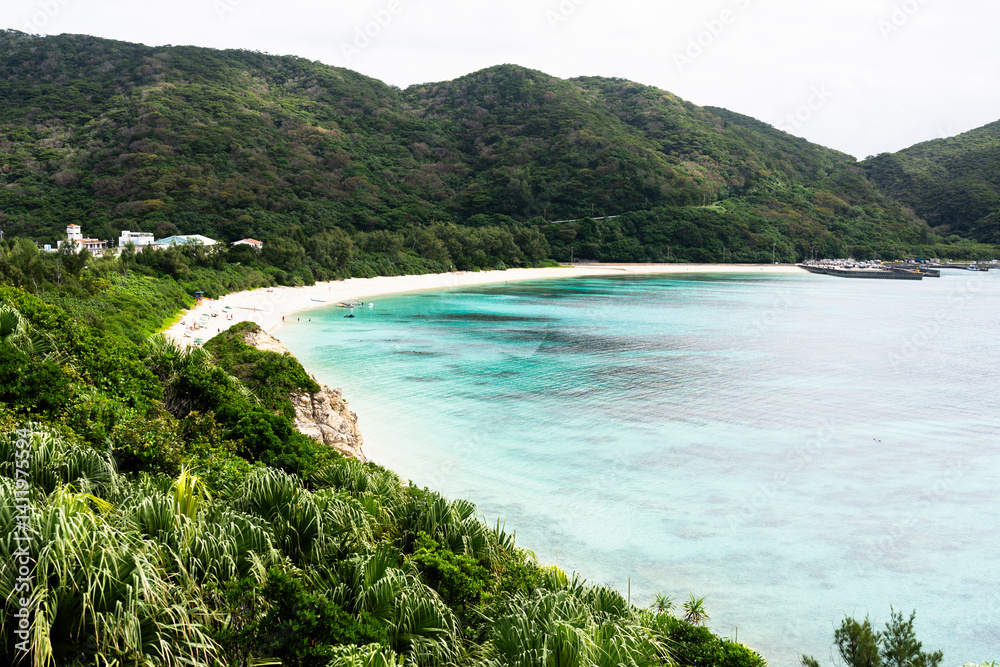 Kerama Islands near Okinawa, Japan: Aerial view of the Aharen, Tokashiki beach in the tropical islands in Okinawa in the Pacific Ocean..