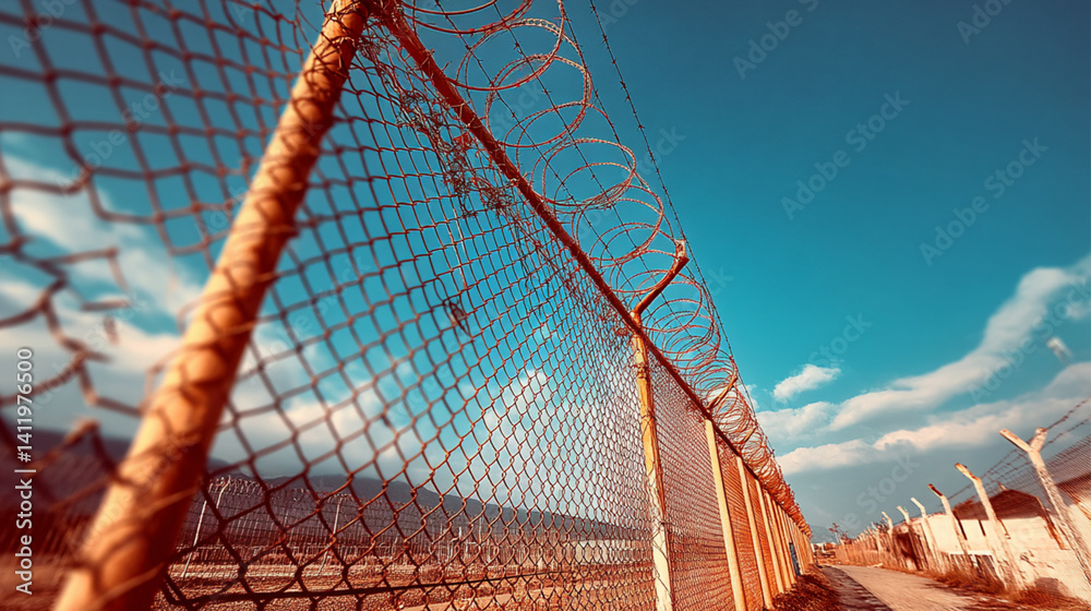 Barbed wire fencing creating secure perimeter under blue sky with copy space