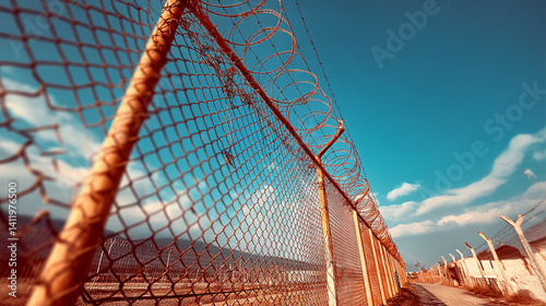 Barbed wire fencing creating secure perimeter under blue sky with copy space