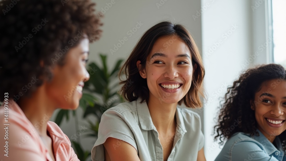 A happy multiracial team is engaged in a lively discussion, sharing laughs during a corporate briefing in a well-lit office.